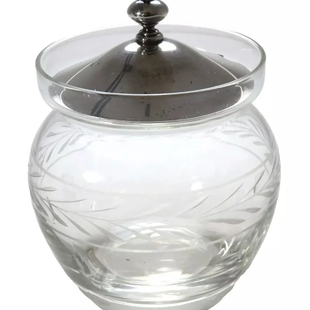 1950s Mid Century Etched Decorated Crystal & Sterling Silver Jam Jar